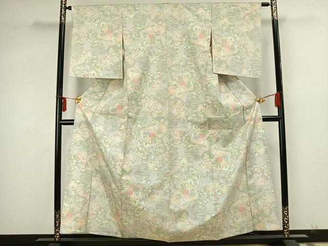 平和屋着物▽本場大島紬　白大島　単衣　色紙重ね草花文　正絹　逸品　AABA7410fy 平和屋着物▽本場大島紬 白大島 単衣 色紙重ね草花文 正絹 逸品