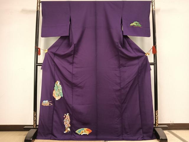 平和屋着物▽訪問着　単衣　手描き　人物扇面文　金彩　ロング丈　正絹　逸品　AABA7420fy