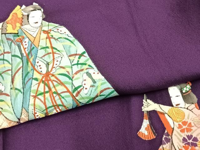 平和屋着物▽訪問着　単衣　手描き　人物扇面文　金彩　ロング丈　正絹　逸品　AABA7420fy 平和屋着物▽訪問着 単衣 手描き 人物扇面文 金彩 ロング丈 正絹