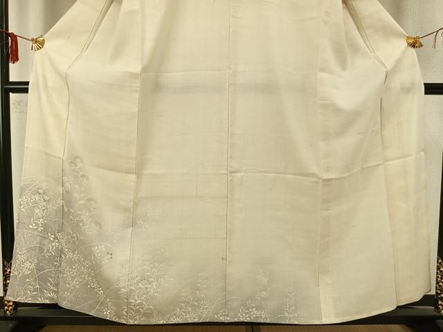 平和屋着物▽訪問着 単衣 紬地 刺繍 草花文 暈し染め