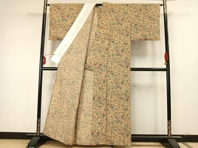 平和屋着物▽上質な小紋 単衣 型染め 草花文 正絹 逸品 AABA7519fyの
