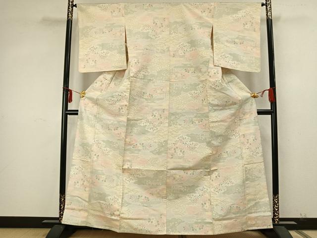 平和屋着物▽上質な紬　単衣　雲取り草花文　正絹　逸品　AABA7522fy 平和屋着物▽上質な紬 単衣 雲取り草花文 正絹 逸品 AABA7522fy