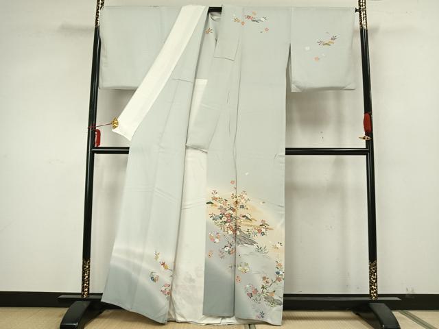 平和屋着物▽訪問着　単衣　風景草花文　暈し染め　金彩　正絹　逸品　AABA7529fy_1