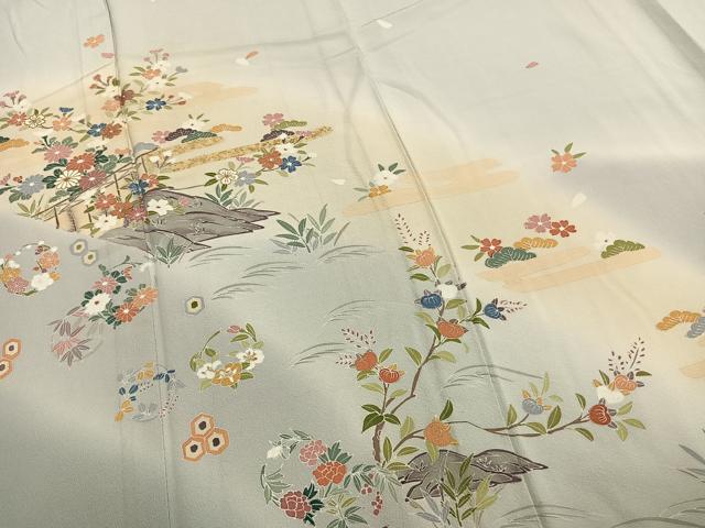 平和屋着物▽訪問着　単衣　風景草花文　暈し染め　金彩　正絹　逸品　AABA7529fy_3