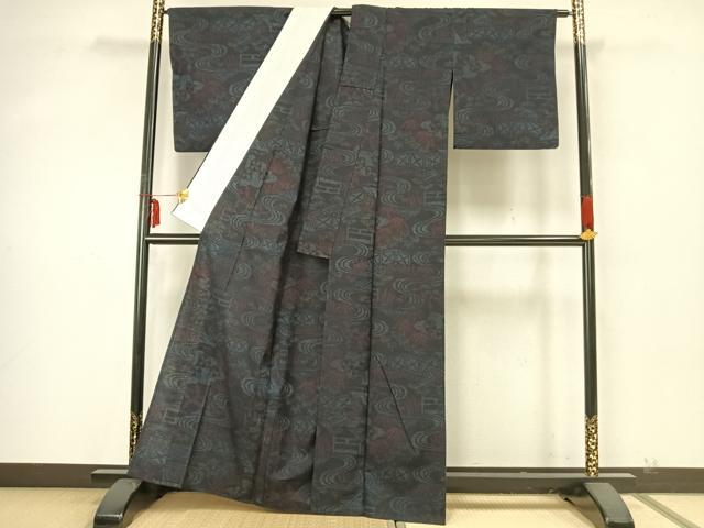 平和屋着物▽上質な紬 単衣 風景文 正絹 逸品 AABA7532fy