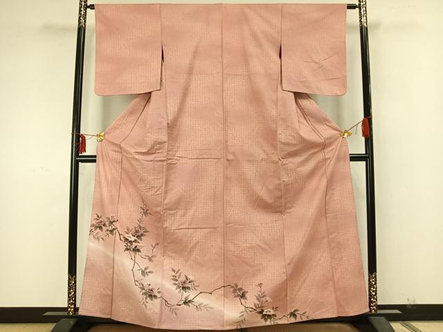 平和屋着物▽訪問着　単衣　紬地　手描き　枝花文　正絹　逸品　AABA7545fy