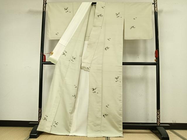 平和屋着物▽上質な紬 単衣 手描き 枝葉文 正絹 逸品 AABA7546fy