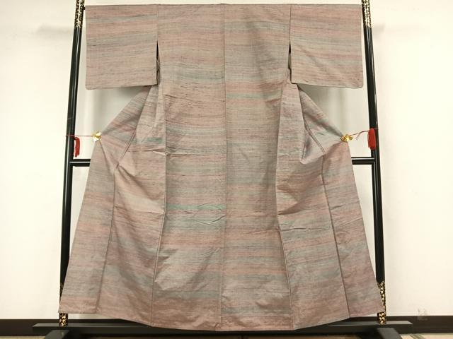 平和屋着物▽紅花紬　米沢　単衣　横縞　正絹　逸品　AABA7574fy 平和屋着物▽紅花紬 米沢 単衣 横縞 正絹 逸品 AABA7574fy