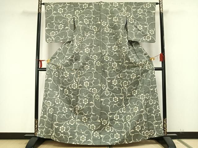 平和屋着物▽上質な紬 単衣 花唐草文 正絹 逸品 AABA7606fy