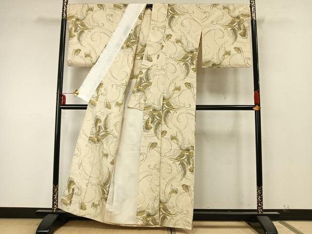 平和屋着物▽上質な紬　単衣　唐草文　正絹　逸品　AABA7615fy 平和屋着物▽上質な紬 単衣 唐草文 正絹 逸品 AABA7615fy