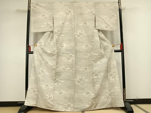 平和屋着物▽上質な紬 単衣 霞取り花文 正絹 逸品 AABA7677fy