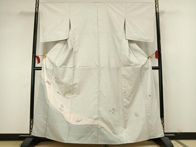 平和屋着物▽訪問着　単衣　紬地　作家物　草花文　正絹　逸品　AABA7684fy