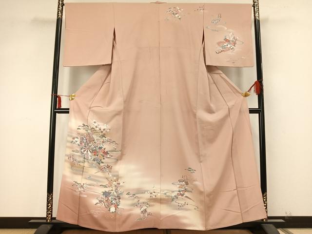 平和屋着物▽訪問着　単衣　陶器草花文　暈し染め　金彩　正絹　逸品　AABA7719fy