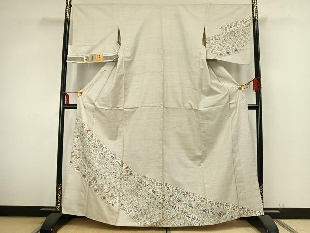 平和屋着物▽本場大島紬　訪問着　単衣　白大島　100亀甲　花鳥文　反端付き　正絹　逸品　AABA7721fy