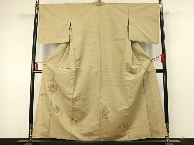 平和屋着物▽京の名門・菱屋六右ェ門　紬　訪問着　単衣　片輪車扇面花文　正絹　逸品　AABA7749fy