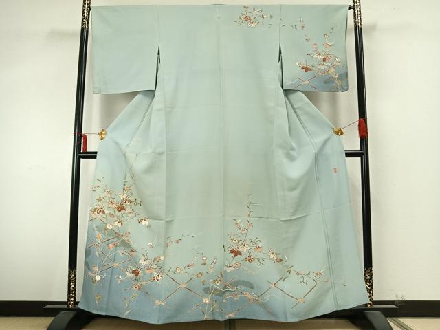 平和屋着物▽結城紬　単衣　作家物　花唐草文　金糸　金彩　正絹　逸品　AABA7793fy