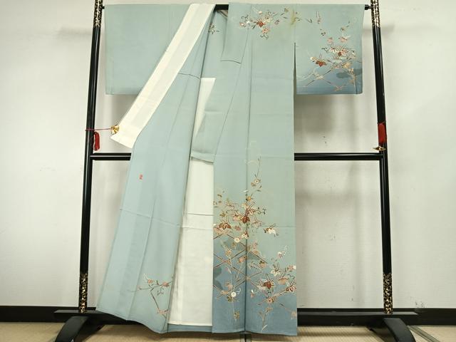 平和屋着物▽結城紬　単衣　作家物　花唐草文　金糸　金彩　正絹　逸品　AABA7793fy 平和屋着物▽結城紬 単衣 作家物 花唐草文 金糸 金彩 正絹 逸品