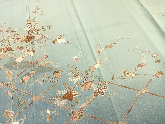 平和屋着物▽結城紬 単衣 作家物 花唐草文 金糸 金彩 正絹 逸品