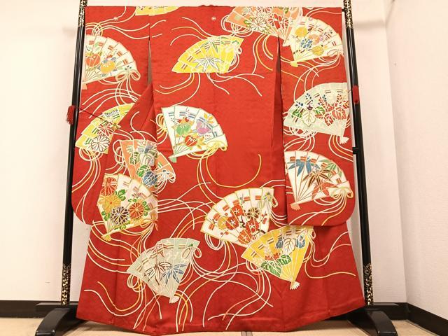 平和屋着物●豪華振袖　駒刺繍　檜扇花文　金彩　正絹　逸品　AABA7818ph