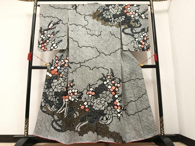 平和屋着物●訪問着　絞り　雲重ね花文　黒地　金彩　やまと誂製　正絹　逸品　AABA7822ph