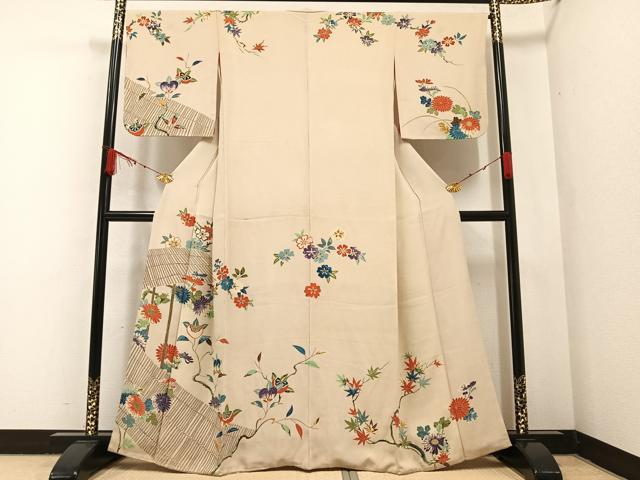 平和屋着物●セミアンティーク　訪問着　枝花文　鬼しぼ縮緬　正絹　逸品　AABA7830ph