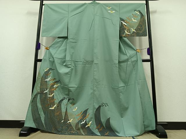 平和屋着物▽訪問着　単衣　立波飛鶴文　金彩　洗える着物　AABA7912jh