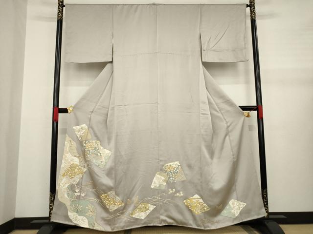 平和屋着物●豪華色留袖　駒刺繍　色紙重ね花蝶文　金彩　正絹　逸品　AABA7950ck