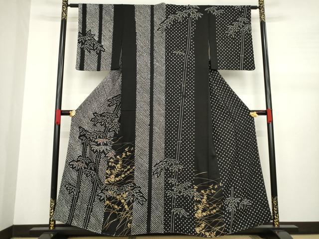 平和屋着物●訪問着　絞り　笹竹花文　黒地　金彩　正絹　逸品　AABA7981ck