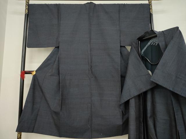平和屋着物●男性　結城紬　アンサンブル　杢　藍鉄色　正絹　逸品　AABA7995ck
