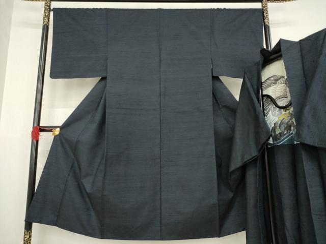 平和屋着物●男性　紬　アンサンブル　藍鉄色　正絹　逸品　AABA7998ck