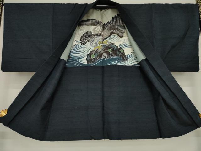 平和屋着物●男性　紬　アンサンブル　藍鉄色　正絹　逸品　AABA7998ck 平和屋着物○男性 紬 アンサンブル 藍鉄色 正絹 逸品 AABA7998ck