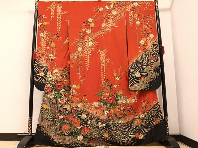 平和屋着物●豪華振袖　紅型　花蝶文　暈し染め　金彩　正絹　逸品　AABA8166ph