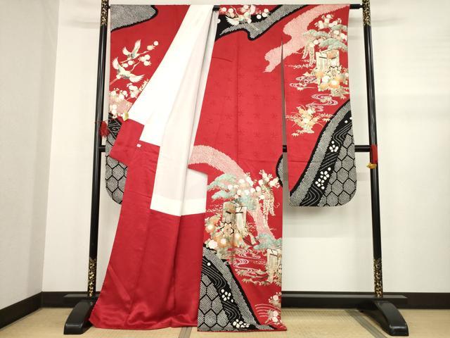 平和屋着物●豪華振袖　御所車飛鶴花文　金銀彩　ロング丈　正絹　逸品　AABA8258ck 平和屋着物○豪華振袖 御所車飛鶴花文 金銀彩 ロング丈 正絹 逸品