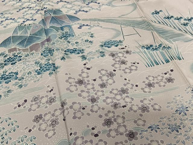 平和屋着物○訪問着 友禅 藍 松竹梅風景文 正絹 逸品 AABA8761zg 付け下げ