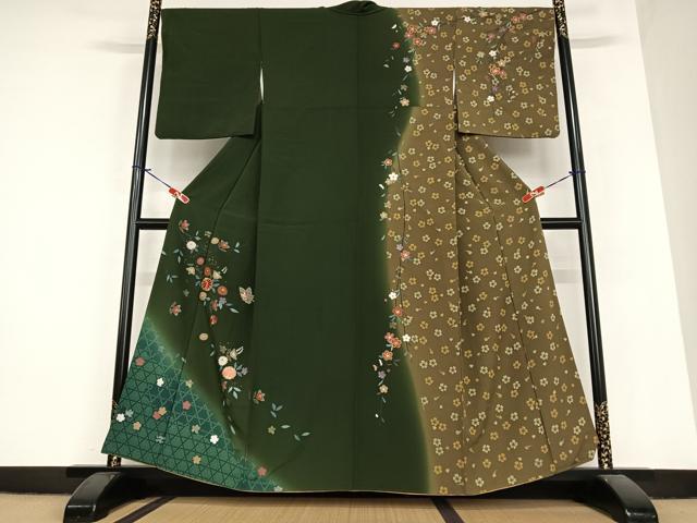 平和屋着物●訪問着　刺繍　花蝶文　暈し染め　金彩　正絹　逸品　AABA8762zg
