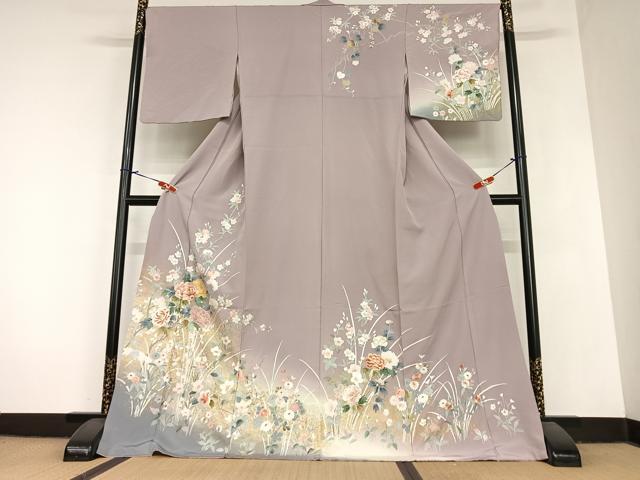 平和屋着物●訪問着　中国三大刺繍　スワトウ刺繍　汕頭刺繍　草花文　暈し染め　金彩　ロング丈　正絹　逸品　AABA8764zg