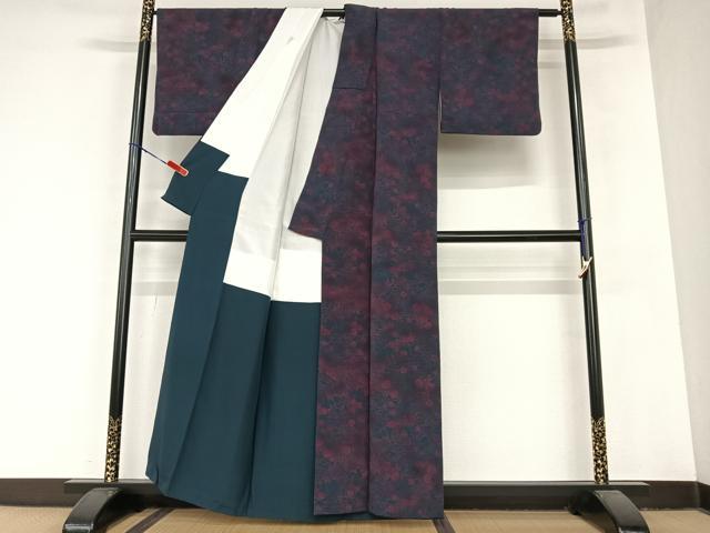 平和屋着物○上質な小紋 型染め 草花文 鬼しぼ縮緬 正絹 逸品