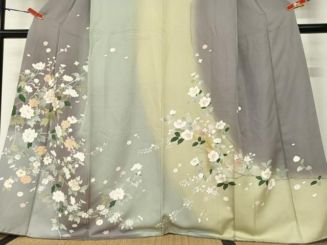 平和屋着物●訪問着　手描き　駒刺繍　枝花文　暈し染め　正絹　逸品　AABD5020cs 平和屋着物○訪問着 駒刺繍 枝花文 暈し染め 金彩 正絹
