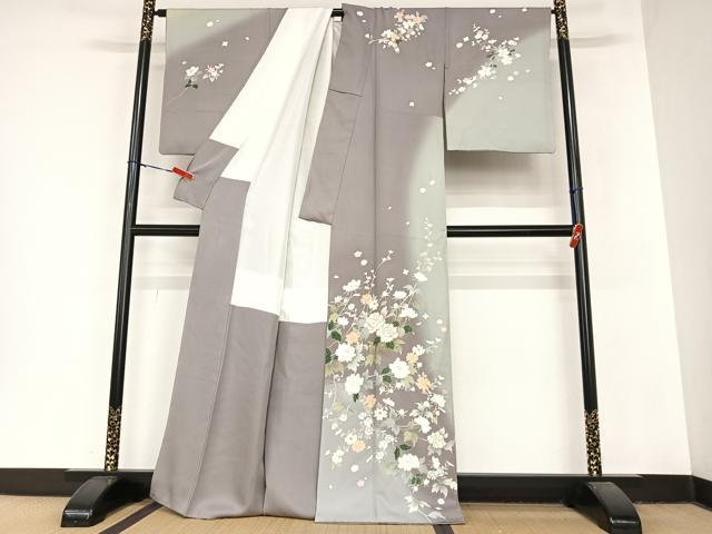平和屋着物●訪問着　手描き　駒刺繍　枝花文　暈し染め　正絹　逸品　AABD5020cs 平和屋着物○訪問着 駒刺繍 枝花文 暈し染め 金彩 正絹