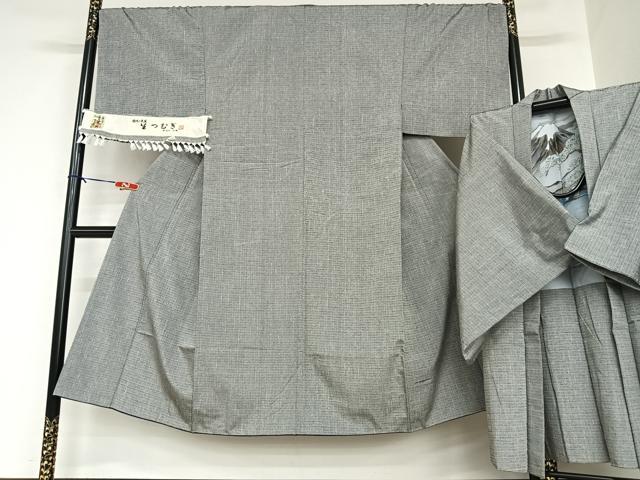 平和屋着物●男性　生紬　アンサンブル　色無地　源氏鼠色　反端付き　正絹　逸品　AABA8839zg
