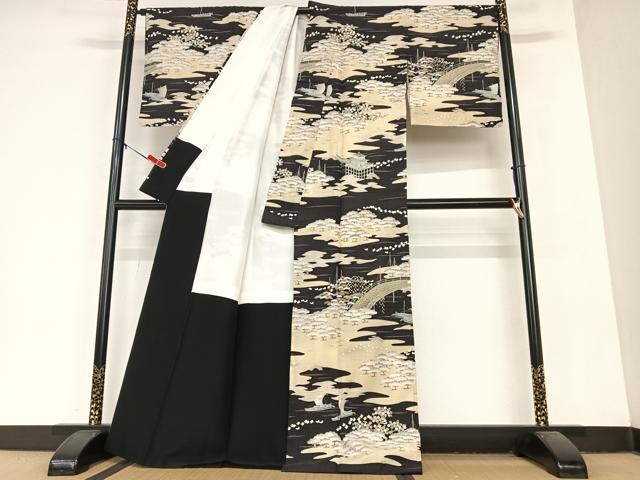 平和屋着物○染織の名門 しょうざん 生紬 松竹梅飛鳥文 黒地 正絹 逸品