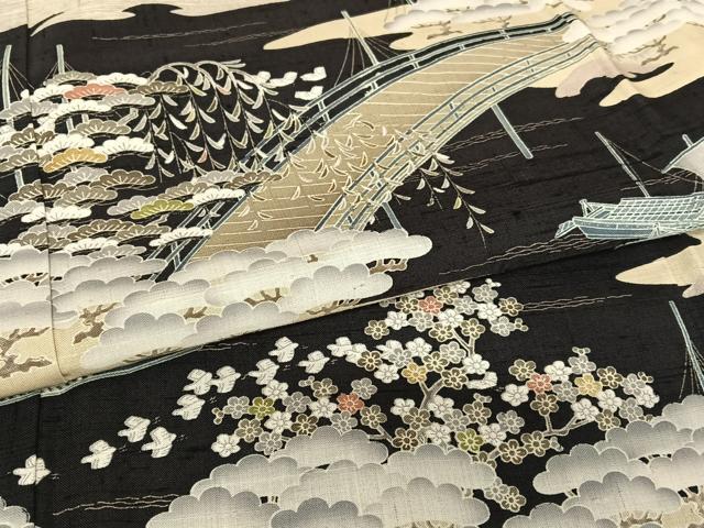 平和屋着物○染織の名門 しょうざん 生紬 松竹梅飛鳥文 黒地 正絹 逸品