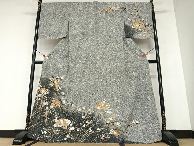 平和屋着物●訪問着　地紙花文　たたき染め　黒地　金彩　正絹　逸品　AABA8868zg