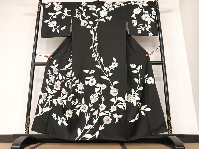 平和屋着物●訪問着　更紗花文　黒地　金彩　正絹　逸品　AABA8877zg