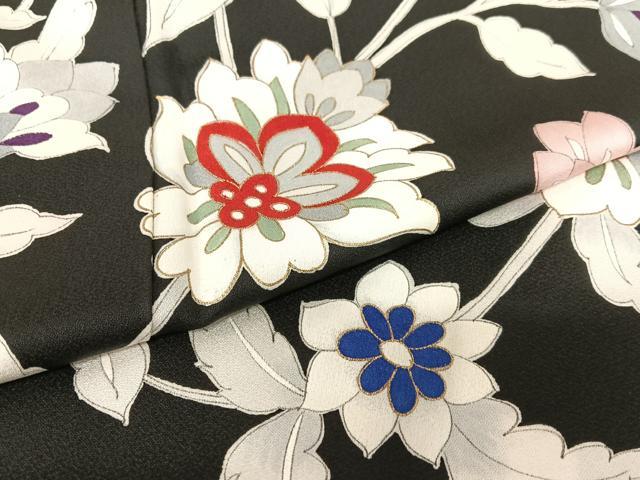 平和屋着物○訪問着 更紗花文 黒地 金彩 正絹 逸品 AABA8877zg 付け下げ