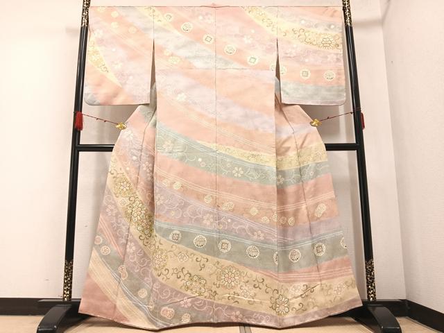 平和屋着物●訪問着　駒刺繍　絞り　花唐草文　金彩　正絹　逸品　AABA8900ph