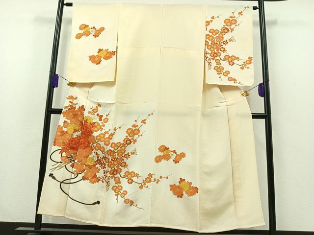 平和屋着物▽訪問着　単衣　枝花文　金彩　鬼しぼ縮緬　正絹　逸品　AABA9155jh
