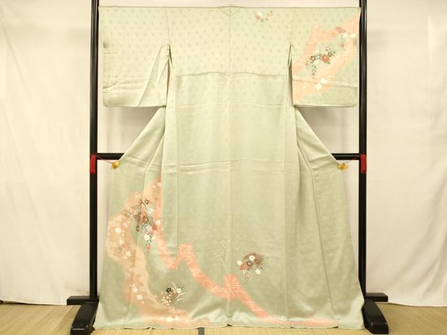 平和屋着物●訪問着　絞り　草花扇子文　暈し染め　金彩　ロング丈　正絹　逸品　AABA9249fw