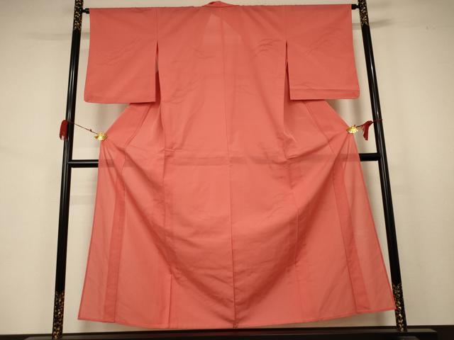 平和屋着物＊夏物　色無地　芝紋紗　鉛丹色　洗える着物　AABA9369jd