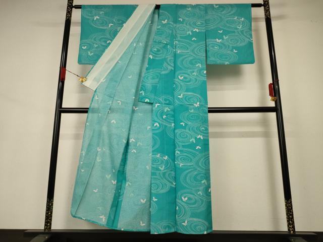 平和屋着物＊夏物　小紋　絽　流水舞蝶文　洗える着物　AABA9393jd_2